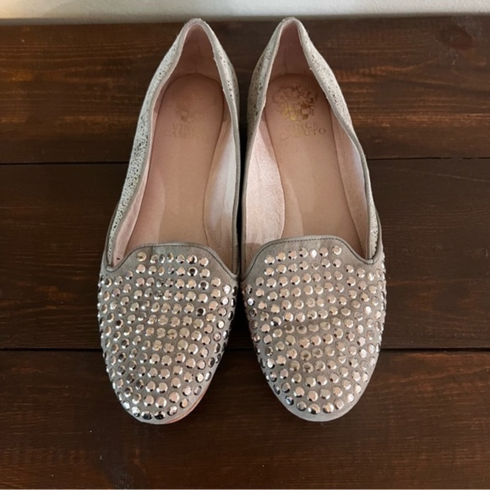 Vince Camuto Women Lody Bedazzled Suede Loafer Metallic Silver Size 8